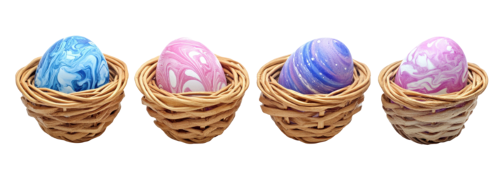 Colorful marble easter eggs in wicker baskets isolated on white png