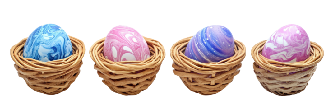 Colorful marble easter eggs in wicker baskets isolated on white png