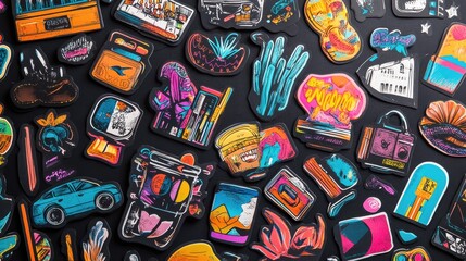 Colorful Stickers on Dark Surface Featuring Diverse Design Elements