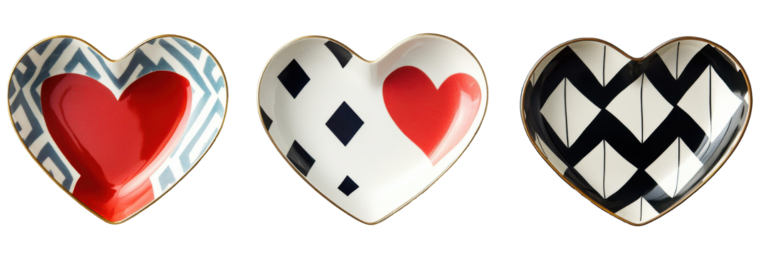 Colorful heart-shaped plates with bold geometric patterns and red accents png - Powered by Adobe