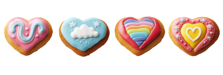 Colorful heart-shaped cookies with icing designs on transparent background png