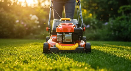 A person mowing the lawn in the late afternoon sunlight