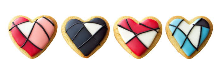 Colorful heart-shaped cookies with geometric patterns on transparent background png