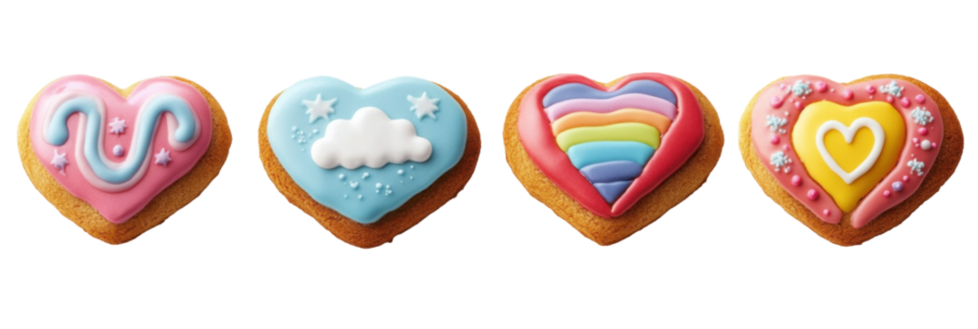 Colorful heart-shaped cookies with icing designs on transparent background png