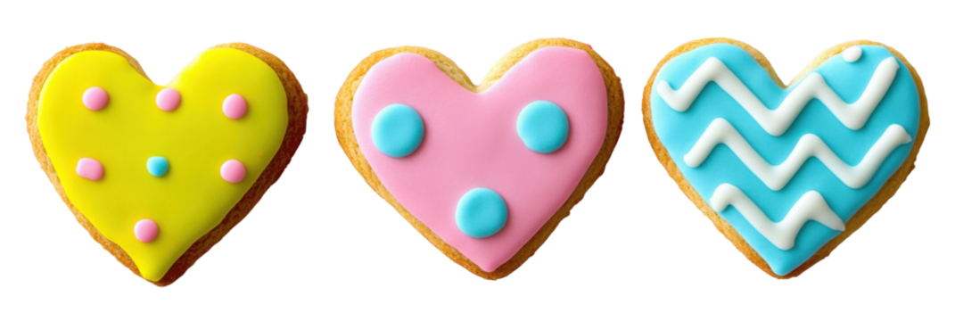 Colorful heart-shaped cookies with icing decoration displayed on transparent background png - Powered by Adobe
