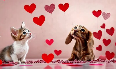 Adorable kitten and puppy play under falling heart confetti in sweet valentine scene