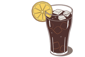 A photograph of a glass of dark brown cola, with ice cubes, a lemon slice on the rim, and a bright yellow background. The glass is tall and clear, with a faceted design. The cola is carbonated and has