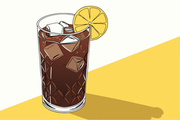A photograph of a glass of dark brown cola, with ice cubes, a lemon slice on the rim, and a bright yellow background. The glass is tall and clear, with a faceted design. The cola is carbonated and has