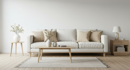 A modern living room setup with a cozy white sofa adorned with beige cushions