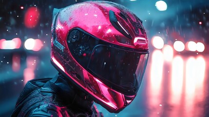 Fototapeta premium A person is wearing a red helmet and standing in the rain