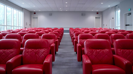 Fototapeta premium Empty red leather seats arranged in rows inside a modern conference hall or presentation room.