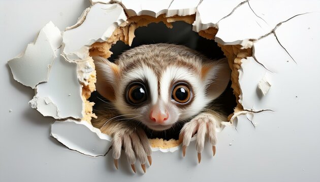 Nahaufnahme eines Loris-Babys aus einem zerfetzten Loch in der Wand vor wei&szlig;em Hintergrund