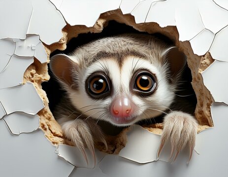 Nahaufnahme eines Loris-Babys aus einem zerfetzten Loch in der Wand vor wei&szlig;em Hintergrund