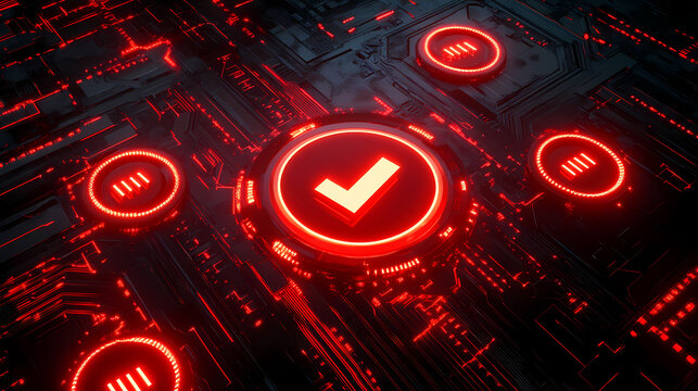 Futuristic digital interface with glowing red check marks on a dark cyber background, representing data validation and technological advancement. Cyber Aesthetic. Illustration