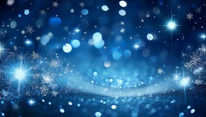 winter christmas and new year glittering snow flakes swirl bokeh background backdrop with glowing blue stars holiday garland magic sparkling stars lights summary glitter blinking sparks