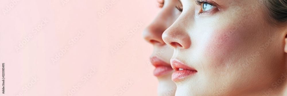 Poster contrast between youthful appearance and visible signs of aging in two faces side by side. generativ