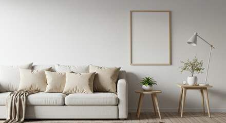 A contemporary living room with a cozy white sofa decorated with beige and neutral-toned pillows