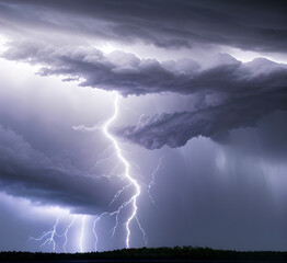Thunderous dark sky with black clouds and flashing lightning. Panoramic view. Concept on the theme of weather, natural disasters, storms, typhoons, tornadoes, thunderstorms, lightning.generative ai