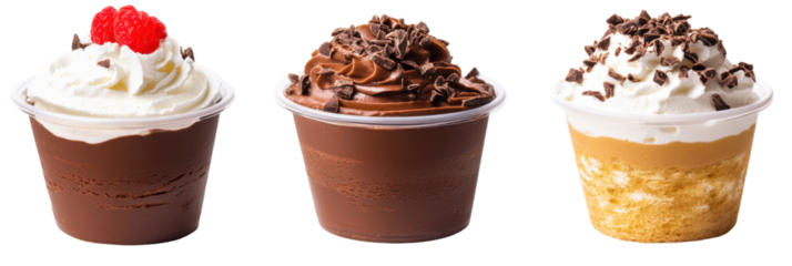Assorted chocolate and vanilla mousse desserts with whipped cream and toppings png