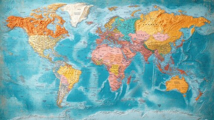 Detailed world map, colorful relief, showing continents and countries.  Background features ocean depths.  Possible use education, design, reference