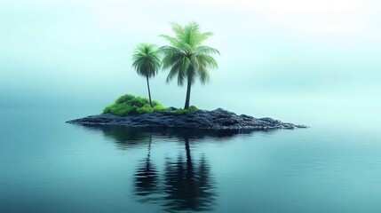 A small island with two palm trees and a body of water