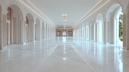 Elegant marble hallway, arched windows, garden view, event venue