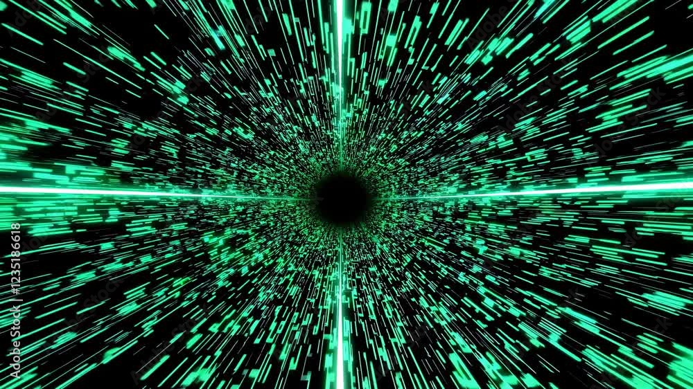 Poster digital wormhole tunnel with neon green light streaks. abstract space-time vortex effect with glowin