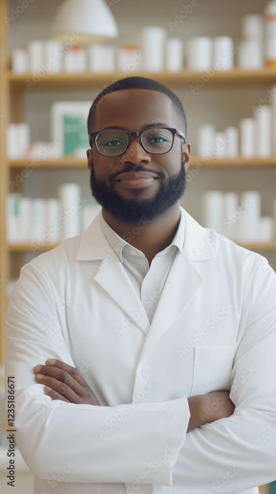 Aufkleber a man in a white lab coat is standing in front of a shelf of bottles. he is wearing glasses and has 
