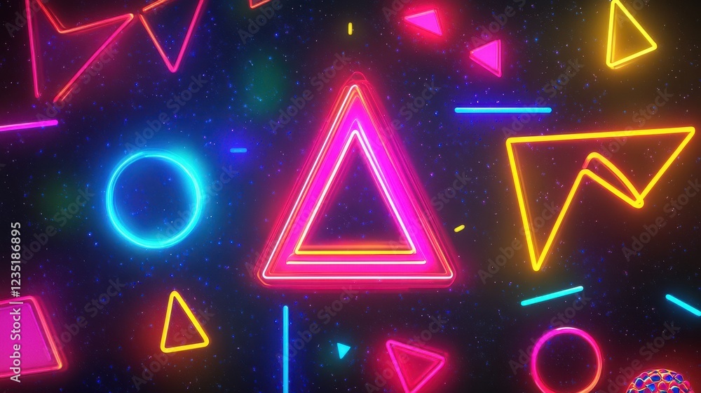 Poster vibrant neon shapes and patterns in a dark background