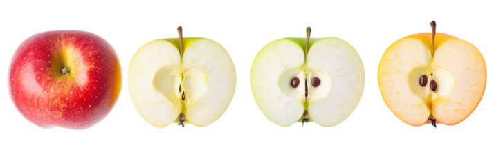 Ganze und halbierte Äpfel mit Querschnitten und sichtbaren Kernen png