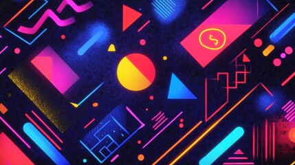 Colorful Abstract Geometric Shapes with Neon Light Effect Background
