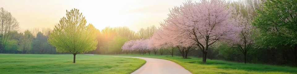Obraz premium A road with trees on either side and a bright sun in the sky. The trees are pink and the sky is orange