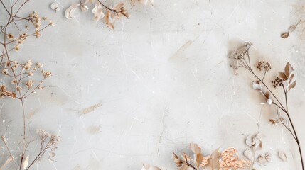 Minimalist frame of delicate dried flowers and plants, leaves pastel soft textured background with copy space