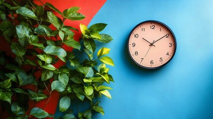 A clock with a green background and a plant in front of it