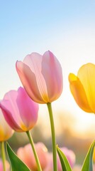 Obraz premium A bunch of flowers with a pink and yellow flower in the middle. The flowers are in a field and the sun is shining on them