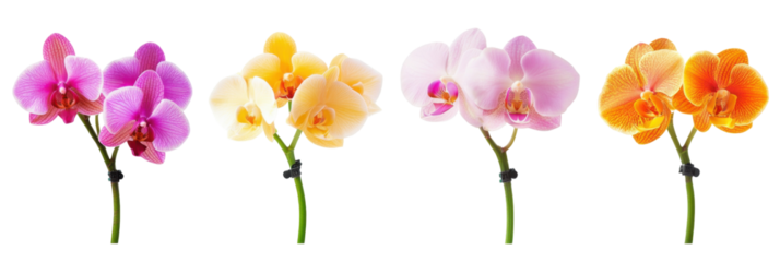 Lebendige Orchideenblüten in Lila-, Gelb-, Rosa- und Orangetönen auf Stielen png