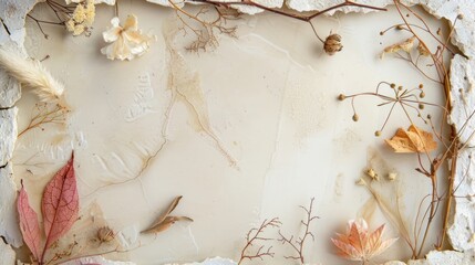 Minimalist frame of delicate dried flowers and plants, leaves pastel soft textured background with copy space
