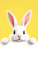 Obraz premium A playful Easter-themed design featuring a cute white bunny with fluffy fur and bright eyes peeking over a blank white banner