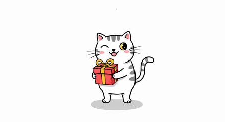 A cute cartoon cat joyfully holding a wrapped gift with a golden bow, standing on a simple white background.