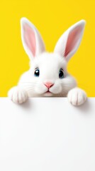 Fototapeta premium A playful Easter-themed design featuring a cute white bunny with fluffy fur and bright eyes peeking over a blank white banner