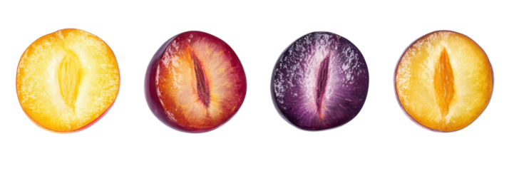 Verschiedene halbierte Pflaumen mit bunter Schale und Struktur png