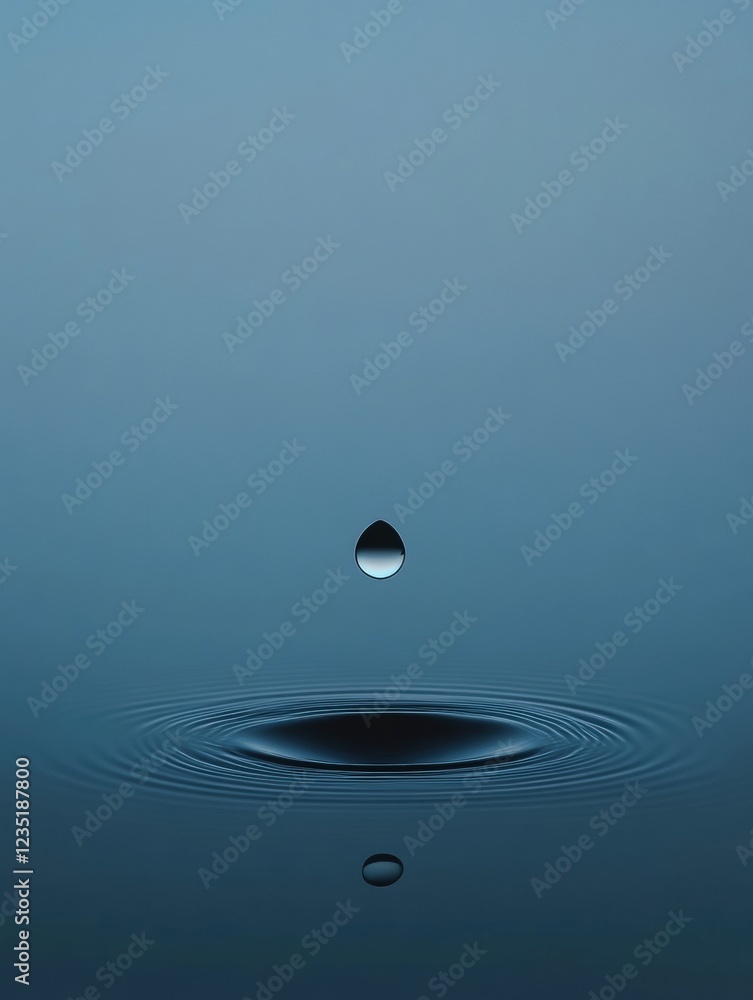 Poster droplet falling on calm water surface creating ripples and reflections during morning light. generat