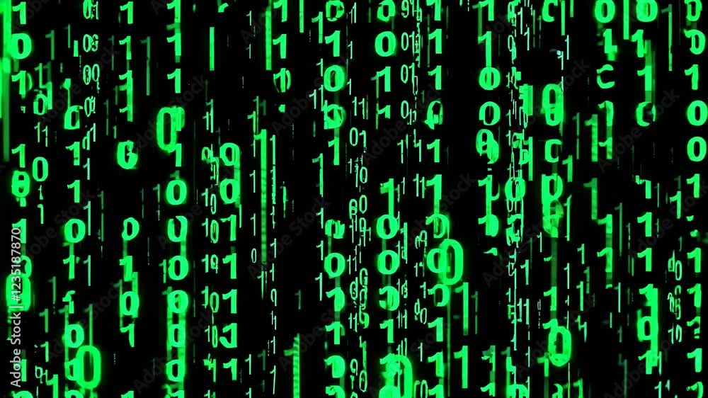 Poster Digital matrix rain effect with falling binary code in neon green. Futuristic cyberpunk style computer data stream background for tech visualizations and digital concepts