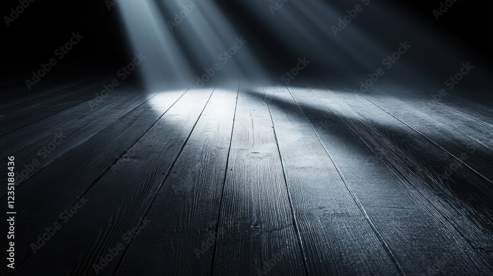 Poster soft light rays illuminating dark floor surface in studio setting