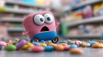 Scared toy amidst colorful pills in pharmacy