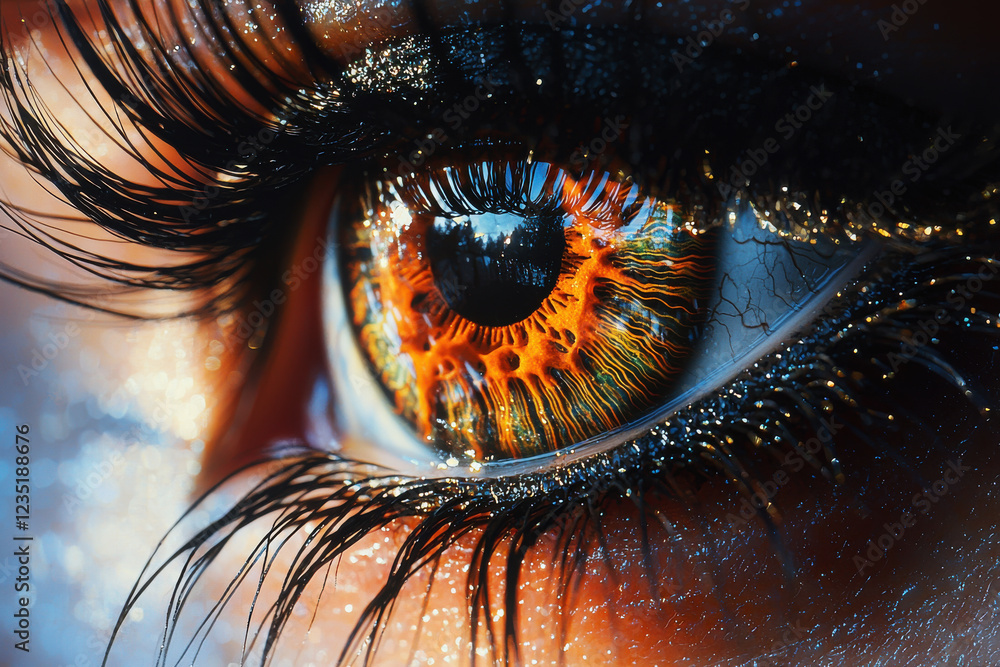 Poster macro shot revealing intricate details of a vibrant eye with unique iris patterns and natural eyelas