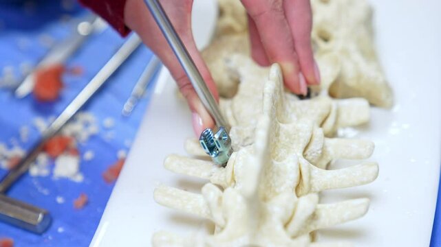 Female hands holding a model of spine and a metal tool in it. Close up. Neurosurgery student is practicing.