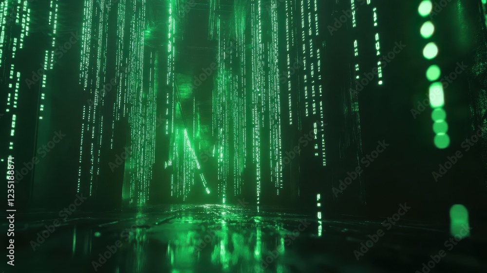 Poster futuristic cyber landscape with green data streams and reflection
