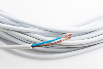 Various copper electrical wires isolated on white background. electrical wire on wire coils background