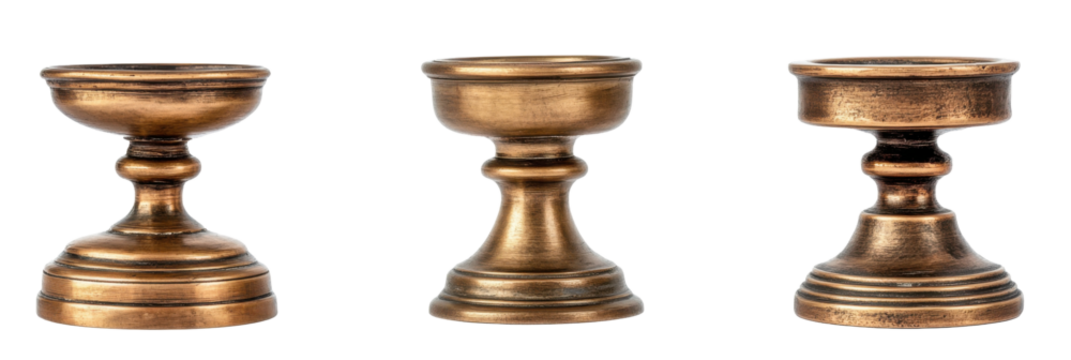 Drei Vintage-Kerzenständer aus Messing mit unterschiedlichen Designs und antikem Finish png